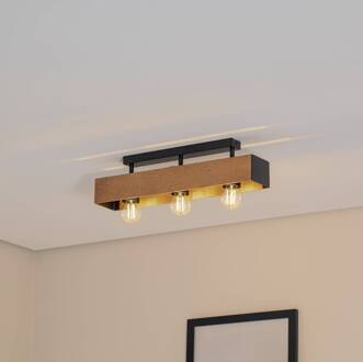 Miluza plafondlamp, zwart/bruin, lengte 57 cm, hout, 3-lamps. lichtbruin, zwart