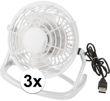 Mini bureau ventilator - 3x - USB - wit - 15 cm - verkoeling - tafelventilator