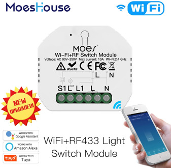 Mini DIY WiFi RF433 Smart Relay Switch Module Smart Life/Tuya App Control, Work with Alexa Google Home 1 Gang 1/2 Way