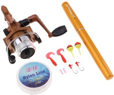 Mini Draagbare Pocket Pen Size Hengel Spinning Reel Lijn Haak Aas Set Combo Vissen Tackles Tool goud