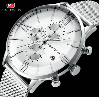 MINI FOCUS Fashion Casual Mens Watches Quartz Watch Waterproof Business Chronograph Multifunction Mesh Strap Relogio Masculino