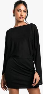 Mini-Jurk Met Bootnek En Uitlopende Mouwen, Black - 38