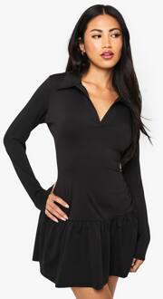 Mini-Jurk Met Kraag, Vallende Zoom En Lange Mouwen, Black - 38