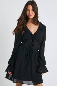 Mini-Jurk Met Lange Mouwen, Geruched Met Franje-Detail, Black