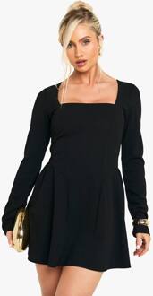 Mini-Jurk Met Lange Mouwen, Vierkante Hals En Volle Rok, Black - 38