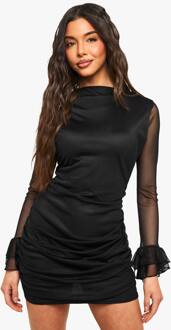 Mini-Jurk Met Mesh En Uitlopende Mouwen, Black - 42