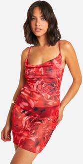 Mini Jurk Met Rozenprint En Draperende Halslijn, Red - 44