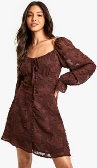 Mini-Jurk Met Tiedetail, Burn-Out Stof En Lange Mouwen, Chocolate - 38