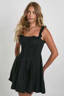 Mini-Jurk Van Katoenen Poplin Met Gerimpelde Button-Down, Black - 36