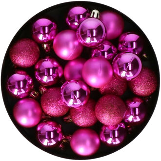 Mini kerstballen - 24x stuks - 3 cm - fuchsia roze - kunststof - mix - kerstversiering