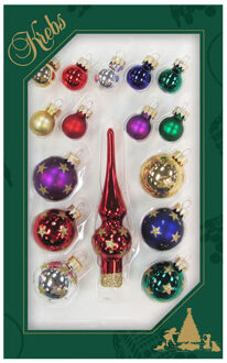 Mini kerstballen en piek set - 16-dlg - gekleurd - glas - voor mini kerstboom - kerstversiering Multi