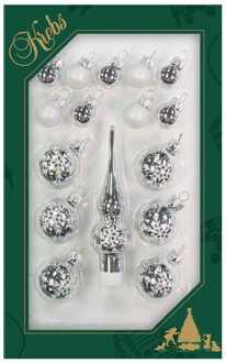 Mini kerstballen en piek set - 16-dlg - zilver - glas - voor mini kerstboom - kerstversiering