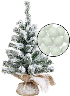 Mini kerstboom besneeuwd - incl. verlichting bollen lichtgroen - H45 cm
