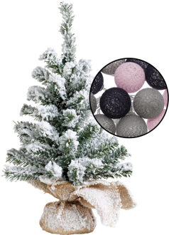 Mini kerstboom besneeuwd - incl. verlichting met bollen mix grijs/lichtroze - H45 cm