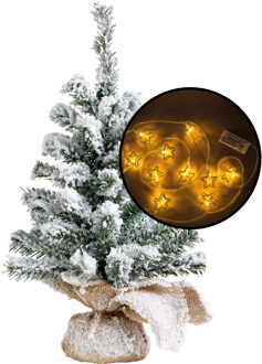 Mini kerstboom - besneeuwd - met 3D sterren verlichting - H45 cm - Kunstkerstboom Groen