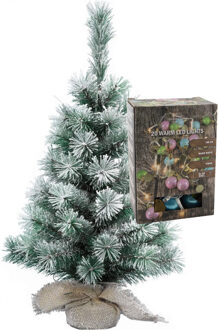 Mini kerstboom - besneeuwd - met gekleurde kerstballen verlichting - H60 cm - Kunstkerstboom Groen