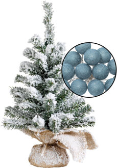 Mini kerstboom besneeuwd met verlichting - in jute zak - H45 cm - blauw - Kunstkerstboom