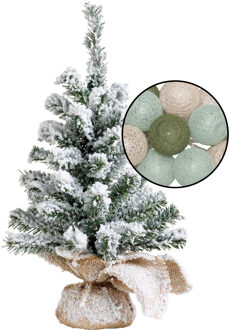 Mini kerstboom besneeuwd met verlichting - in jute zak - H45 cm - kleur mix groen - Kunstkerstboom