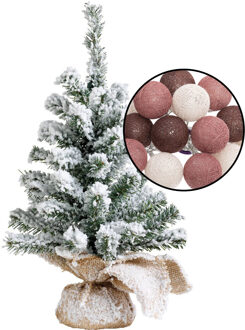 Mini kerstboom besneeuwd met verlichting - in jute zak - H45 cm - kleur mix rood - Kunstkerstboom