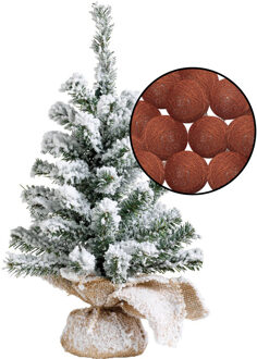 Mini kerstboom besneeuwd met verlichting - in jute zak - H45 cm - terracotta - Kunstkerstboom Bruin