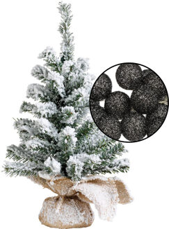 Mini kerstboom besneeuwd met verlichting - in jute zak - H45 cm - zwart - Kunstkerstboom