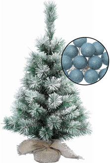 Mini kerstboom besneeuwd met verlichting - in jute zak - H60 cm - blauw - Kunstkerstboom