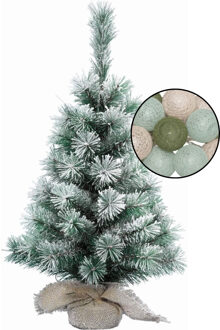 Mini kerstboom besneeuwd met verlichting - in jute zak - H60 cm - kleur mix groen - Kunstkerstboom