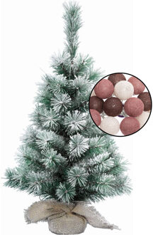 Mini kerstboom besneeuwd met verlichting - in jute zak - H60 cm - kleur mix rood - Kunstkerstboom