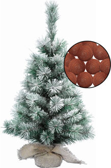 Mini kerstboom besneeuwd met verlichting - in jute zak - H60 cm - terracotta - Kunstkerstboom Bruin