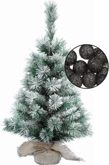 Mini kerstboom besneeuwd met verlichting - in jute zak - H60 cm - zwart - Kunstkerstboom