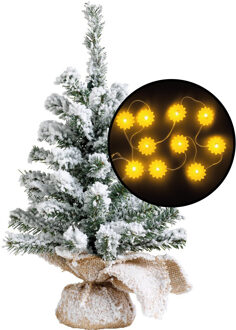 Mini kerstboom - besneeuwd - met zonnebloemen verlichting - H45 cm - Kunstkerstboom Groen