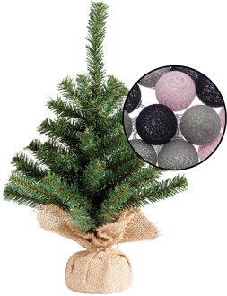 Mini kerstboom groen - met verlichting bollen grijs/lichtroze - H45 cm