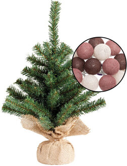 Mini kerstboom groen - met verlichting bollen mix rood - H45 cm