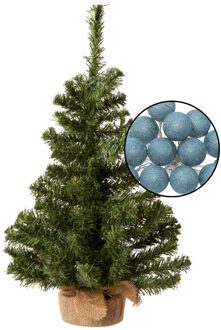 Mini kerstboom groen met verlichting - in jute zak - H60 cm - blauw - Kunstkerstboom