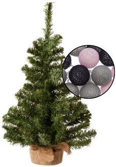 Mini kerstboom groen met verlichting - in jute zak - H60 cm - kleur mix grijs - Kunstkerstboom Roze