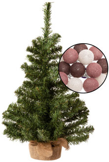 Mini kerstboom groen met verlichting - in jute zak - H60 cm - kleur mix rood - Kunstkerstboom