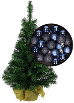 Mini kerstboom/kunst kerstboom H35 cm inclusief kerstballen donkerblauw - Kunstkerstboom