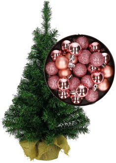 Mini kerstboom/kunst kerstboom H35 cm inclusief kerstballen roze - Kunstkerstboom