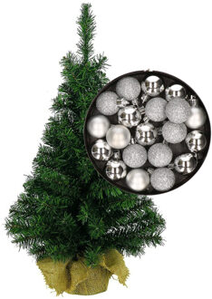 Mini kerstboom/kunst kerstboom H35 cm inclusief kerstballen zilver - Kunstkerstboom Zilverkleurig