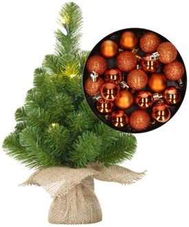 Mini kerstboom/kunstboom met verlichting 45 cm en inclusief kerstballen oranje - Kunstkerstboom