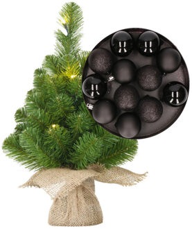 Mini kerstboom/kunstboom met verlichting 45 cm en inclusief kerstballen zwart - Kunstkerstboom