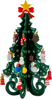 Mini kerstboompje - groen - met hangers - H19 cm - hout - kinderkamer