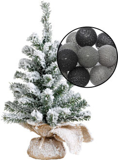 Mini kerstboompje met sneeuw -incl. verlichting bollen zwart/grijs- H45 cm