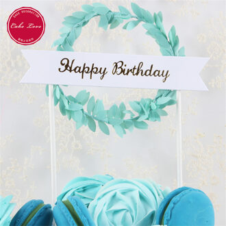Mini Krans Verjaardag Cake Topper Groen Blad Cupcake Toppers Baby Shower Voor Meisjes Cake Toppers Birthday Party Cake Decor Vlaggen blauw Happy Birthday