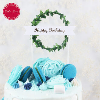 Mini Krans Verjaardag Cake Topper Groen Blad Cupcake Toppers Baby Shower Voor Meisjes Cake Toppers Birthday Party Cake Decor Vlaggen groen Happy Birthday
