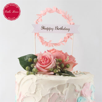Mini Krans Verjaardag Cake Topper Groen Blad Cupcake Toppers Baby Shower Voor Meisjes Cake Toppers Birthday Party Cake Decor Vlaggen roze Happy Birthday