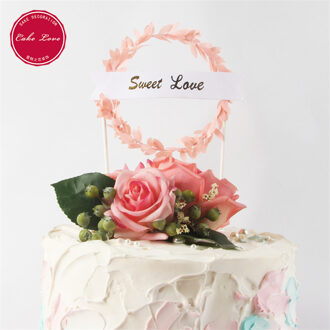 Mini Krans Verjaardag Cake Topper Groen Blad Cupcake Toppers Baby Shower Voor Meisjes Cake Toppers Birthday Party Cake Decor Vlaggen roze Sweet Love