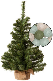 Mini kunst kerstboom groen - met lichtsnoer bollen mix groen/lichtroze - H60 cm