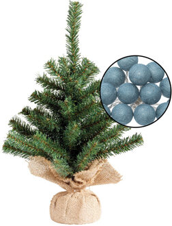 Mini kunst kerstboom groen met verlichting - in jute zak - H45 cm - blauw - Kunstkerstboom