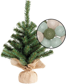 Mini kunst kerstboom groen met verlichting - in jute zak - H45 cm - kleur mix groen - Kunstkerstboom